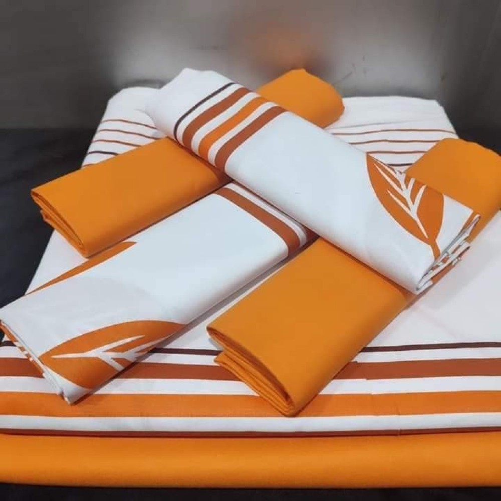 Orange  printed bed sheet and pillow sheets, it's two single bed sheet and it's pillow with a double bed sheet with two pillow sheets