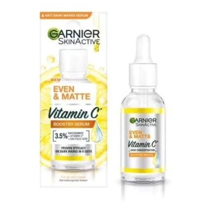 Garnier skin active, even and matte vitamin C high concentration booster serum. Proven efficacy on dark marks in 6days.