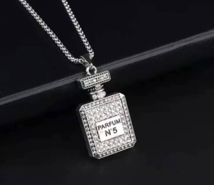 Crystal perfume bottle-shaped silver necklace